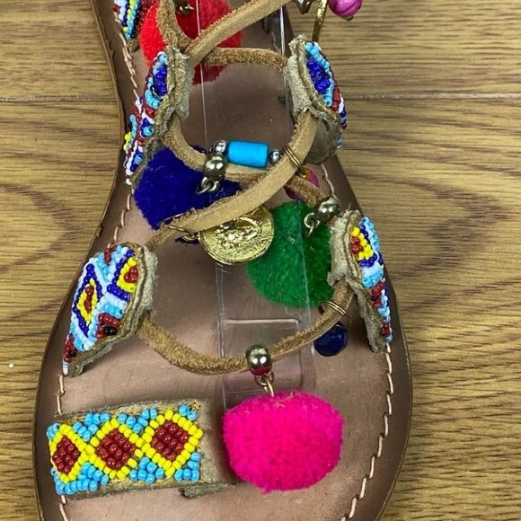 India Grace Pipa Boho Tie Up PomPom Gladiator Sandals Size 5 Sambag Charms Beach - Picture 14 of 16